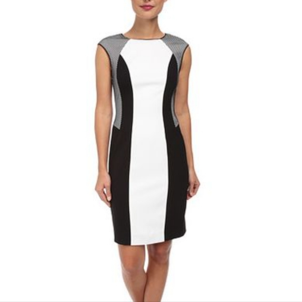 Calvin Klein Black White Colorblock Net Overlay Womens Sz 12 Zip Sheath